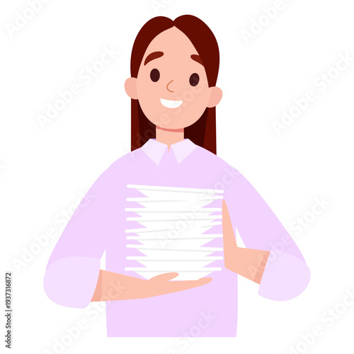 Smiling Woman Holding Stack of clean white plates