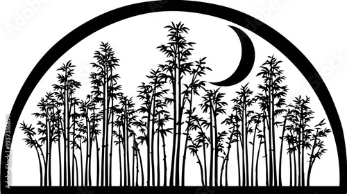 A black and white illustration of a forest of tall bamboo and a crescent moon