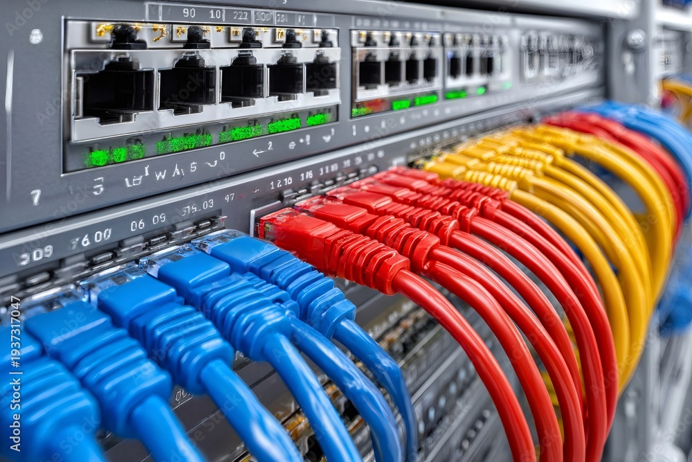 Fototapeta premium Network switch with colorful ethernet cables for data connection