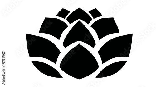 A black and white stylized illustration of a floral element, with overlapping petal shapes