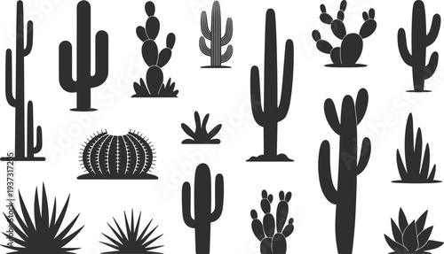 Desert cactus silhouettes vector set, black succulent plants icons, saguaro prickly pear agave collection, minimalist botanical illustration isolated