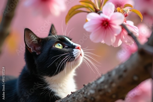 A curious black and white cat gazing at beautiful cherry blossoms in a serene setting.