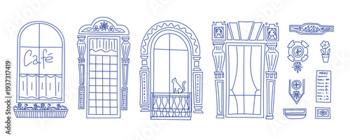 Elegant line art collection of vintage cafe windows, doors and decorative facade elements, architectural illustration perfect for travel blogs, restaurant branding and city design themes.