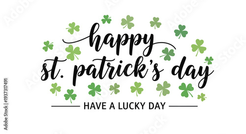Minimalist Happy St. Patrick's Day Banner with Elegant Script Lettering and Green Clovers for Lucky Holiday Greeting and Promotions