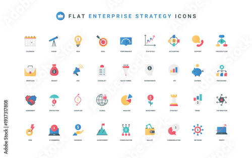 Success of corporate company, effective enterprise strategy, communication color icon set. KPI investment and financial consolidation, profit increase, risk analysis flat elements vector illustration