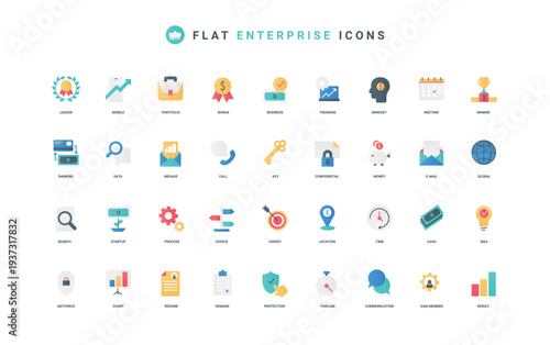 Enterprise, business startup and project communication and SME management color icon set. Digital data and trends, documents and chart report research, meeting flat elements vector illustration
