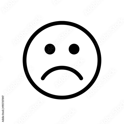 A minimalist black outline sad face emoji, prominently featuring two simple black dots for eyes and a distinctly downward-curved mouth, isolated on a stark white background, universally symbolizing fe