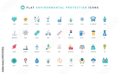 Green energy, science research, reduction in consumption to save and care environment, ecology color icon set. Carbon cycle, electric car and bio fuel for transport flat elements vector illustration