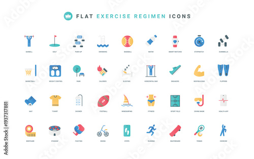 Sport and active games, healthy lifestyle and exercises for health body training and care color icon set. calculator calories, gym workout for loss weight, muscle flat elements vector illustration
