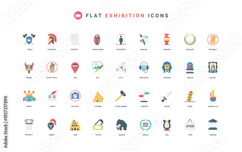 Museum, history and culture, art gallery with picture and ancient vase, column color icon set. archeology and paleontology exhibits, entrance signs and antique flat elements vector illustration