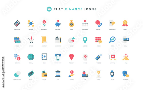 Finance and money, cash and credit card payment, financial transaction and jackpot color icon set. Piggy bank and purse bag with dollar, gold stack, safety deposit flat elements vector illustration