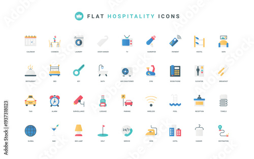 Hotel hospitality and accommodation of tourist, reception services, cleaning color icon set. Room key and bed, gym and car parking, breakfast in restaurant, hostel flat elements vector illustration