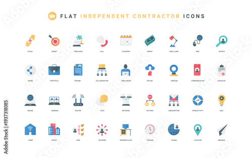 Freelance, work from home office color icon set. Remote and hybrid job, workplace with computer and desk, chat meeting and conference, resume of employee search flat elements vector illustration