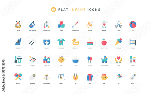 Baby care accessories and toys, organic food to eat color icon set. Sand castle and car seat for kids, milk bottle, bed and crib, infant boy and girl head with smile flat elements vector illustration