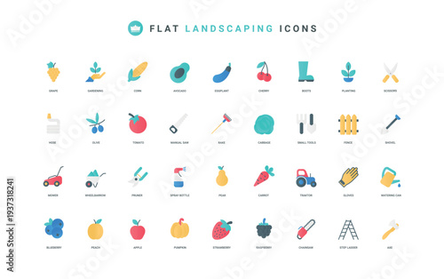 Equipment and tools for landscaping, farming color icon set. Farmers shovel and rake, organic vegetables and fruits from farm garden, gardeners boots, hose and fence flat elements vector illustration
