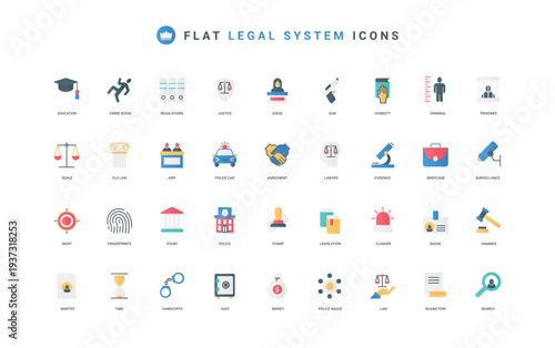 Lawyers and court judgment, legal authority, justice and law balance scales color icon set. gavel of judge and evidence in crime, contract and government stamp flat elements vector illustration