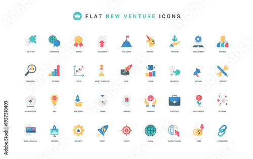 Startup business and launch new brand product on market, vision and support of investors for development and growth color icon set. Rocket and unicorn, target flat elements vector illustration