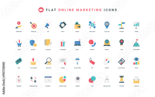 Digital marketing strategy, enablement and lead generation, photo and video content color icon set. Sales funnel and magnet for audience, vision of trends and profit flat elements vector illustration