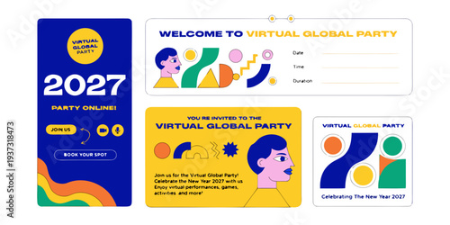 Virtual Global Party 2027 – Online New Year Celebration Invitation, Modern Digital Event Graphics, Worldwide Countdown Designs & Festive Virtual Party Templates