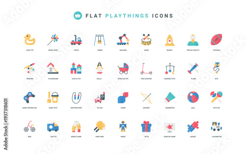 Games and toys for kids color icon set. Baby and preschool child equipment of playground, bike and kick scooter, rocket and truck, doll for boys and girls to play flat elements vector illustration
