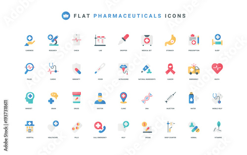 Medical care and laboratory research, health check in hospital color icon set. Healthcare and prescription treatment pills, emergency first aid and telemedicine help flat elements vector illustration