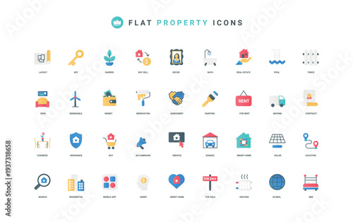 Rent, purchase and sale of real estate and property color icon set. Smart home services and insurance shield, location and comfortable interior decor, garage flat elements vector illustration