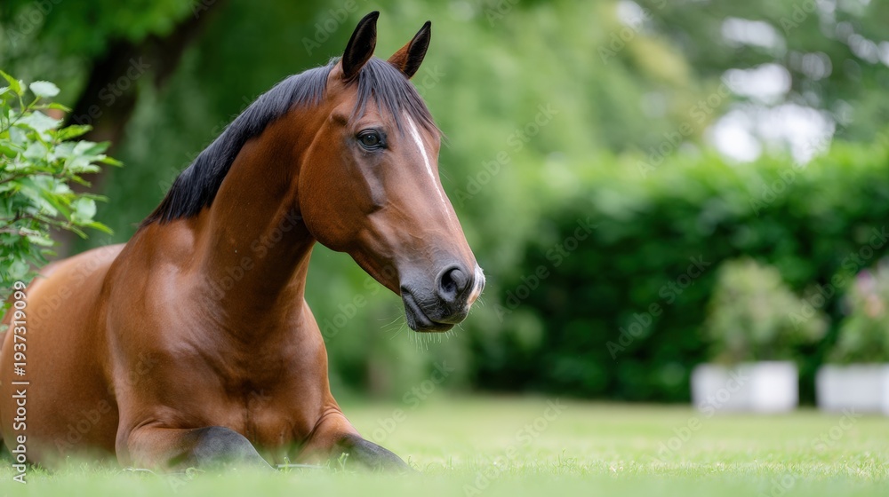 Obraz premium Graceful bay horse lying on grass in serene garden setting