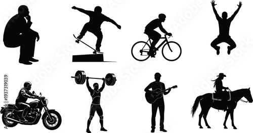 Eight Diverse Activity Silhouettes, Sports, Hobbies, Lifestyle, Extreme Sports, Weightlifting, Guitar, Motorbike, Horseback Riding, Vector Set.
