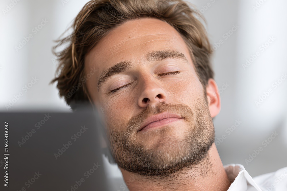 Obraz premium Close-up of a relaxed man resting with his eyes closed, showcasing a serene and peaceful expression, promoting wellness and mindfulness in modern life.
