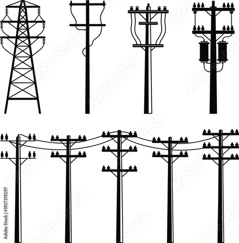 Electrical utility poles and transmission towers with insulators, transformers, wiring, power lines, energy infrastructure, voltage grid, rural distribution system