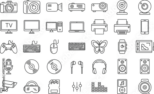 Electronic device line icons, technology gadget symbols, multimedia equipment elements, minimal outline vector set, modern digital hardware collection illustration