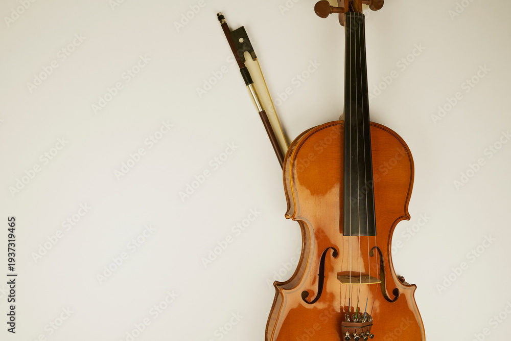 Fototapeta premium Violin and bow resting on white background