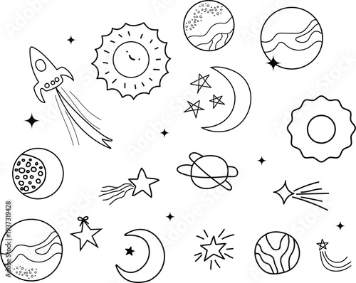 Hand drawn illustrations of various space objects