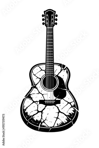 Broken acoustic guitar with cracked body and six strings, black and white illustration on a white background