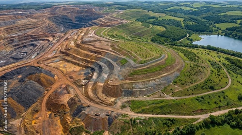 Aerial View of Mining Landscape Transitioning to Reclaimed Green Land