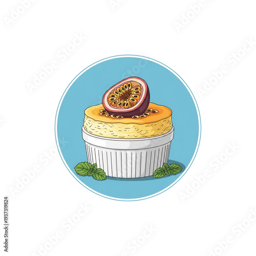 Passion fruit souffle dessert in round dish with mint leaves  
