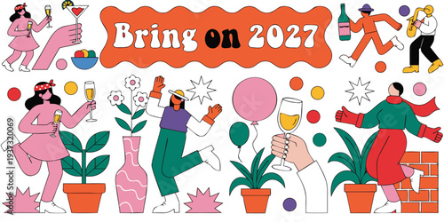 Bring On 2027 – Fun Party Crowd Celebration Illustration, Vibrant New Year Graphics for Posters, Invitations, Stickers & Digital Downloads
