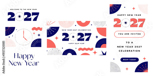 Welcome to the New Year 2027 – Modern Abstract Celebration Designs, Colorful Geometric Graphics for Posters, Invitations, Flyers & Digital Downloads