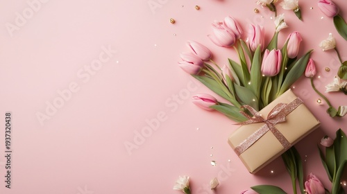 Flowers and a Gift Box on a Pink Background, Perfect for Celebration or Speci...