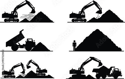 Excavator, Dumptruck, Worker, Silhouette, Dirt, Machinery, Construction, Load, Unload, Pile, Site, Labor, Equipment, Graphic, Industrial, Manual, Task, Icon, Design, Illustration