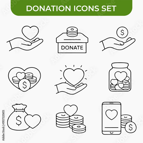 Digital Generosity: A comprehensive icon set represents various aspects of donations and charitable giving, including hands holding hearts, donation boxes, money bags, and mobile giving.