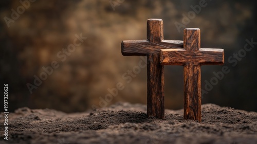 Wooden Crosses Placed on Earth in a Meaningful Setting During a Reflective Mo...