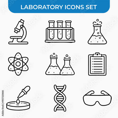 Lab Icons Set: A collection of meticulously crafted, minimalist laboratory icons representing essential scientific tools and symbols, each radiating the essence of innovation.