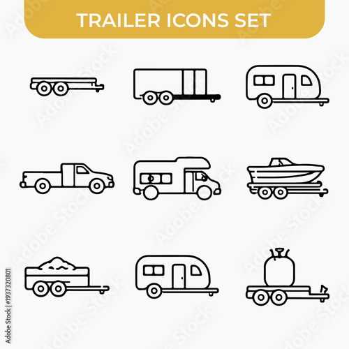 Trailer Icons Set: A comprehensive collection of meticulously crafted trailer icons, illustrating the diverse world of transportation.