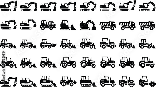 Excavator, Bulldozer, Tractor, Dumptruck, Loader, Roller, Vehicle, Silhouette, Machinery, Industrial, Construction, Equipment, Icon, Graphic, Heavy, Transport, Farm, Worksite, Design, Illustration