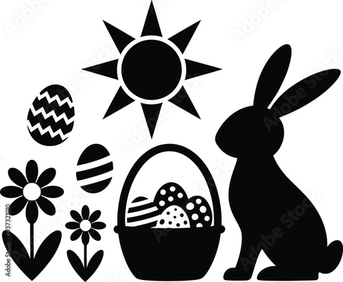 Easter symbols bunny eggs sun flowers and a basket
