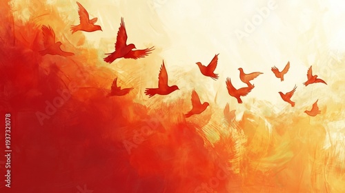 Bird Flies Through Bright Clouds in a Colorful Sky at Sunset
