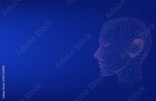 Vector human head silhouette made from dots. Abstract man or woman profile illustration. Concept for tech, Al, innovation, digital mind, neural network, data science, futuristic design