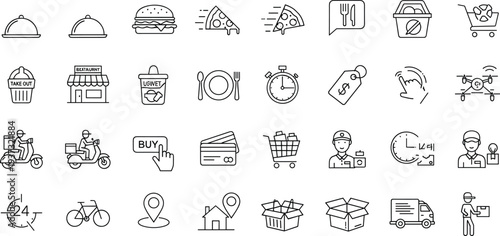 Food delivery and online ordering line icons set, restaurant courier service outline vector collection for ecommerce logistics platforms