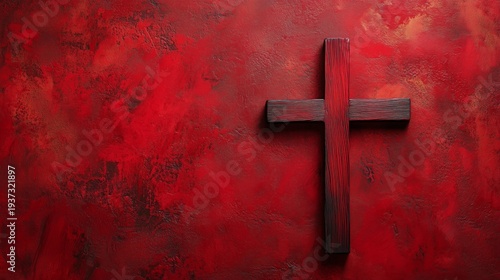 Red Wall With Wooden Cross Displayed in a Spiritual Space